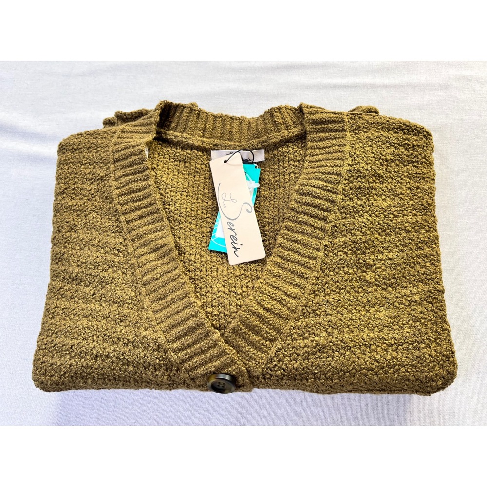 Les Serein Spiced Olive/Tan Boucle Popcorn Cardigan XXL Boxy Fall Cabincore Cozy - Picture 12 of 13